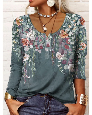 Women's Floral T-Shirt Casual  Regular Fit Long Sleeve Tops Multicolor Khaki Light Blue