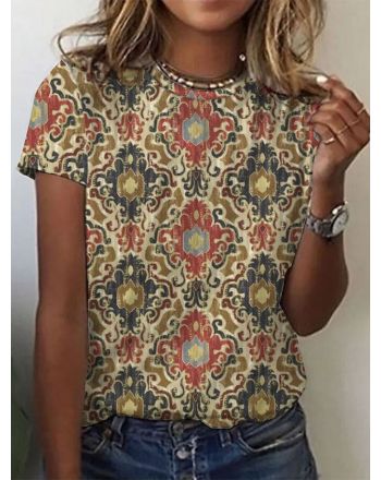 Ethnic Floral Design Crew Neck Knit Short Sleeve T-Shirt