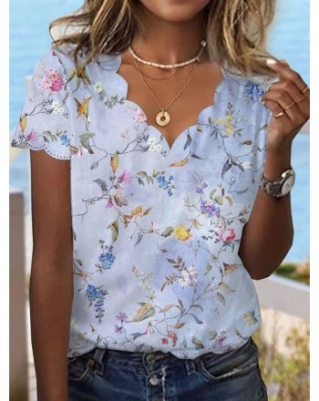 Country Floral Casual Shell Neck Knit T-Shirt