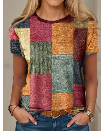 Casual Loose Multicolor Block Crew Neck T-Shirt