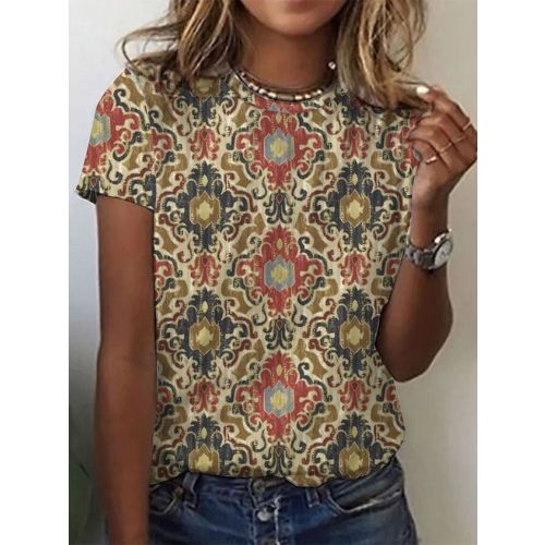 Ethnic Floral Design Crew Neck Knit Short Sleeve T-Shirt