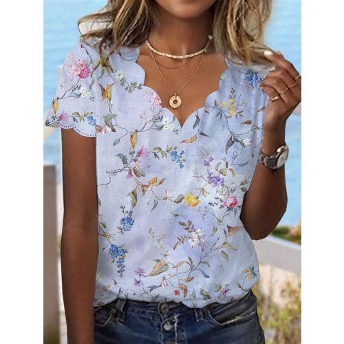 Country Floral Casual Shell Neck Knit T-Shirt